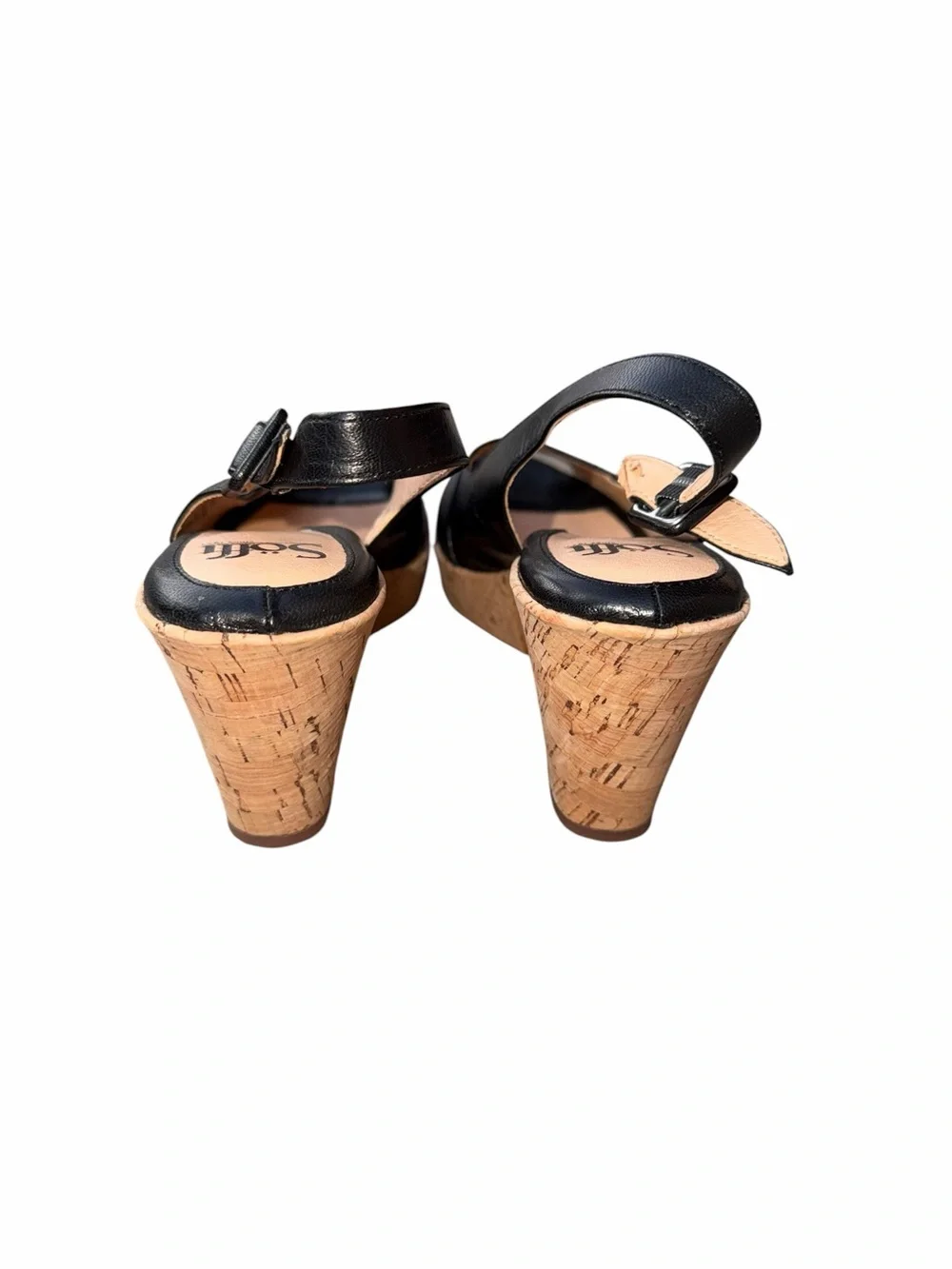 Sofft Black Peep Toe Cork Wedge Slingback Size 8 M